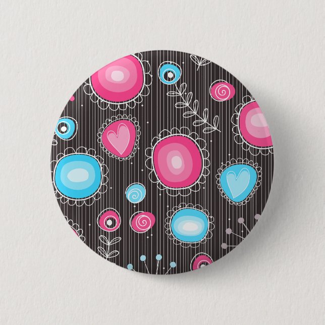 Weiße, rosa und blaue Herzen und Blume blühend Button (Vorderseite)