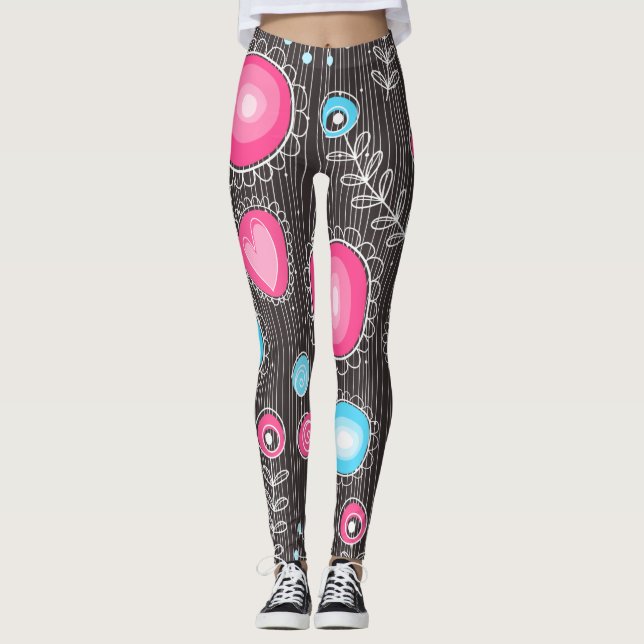 Weiße, rosa und blaue Herzen und Blume blühend Leggings (Vorderseite)
