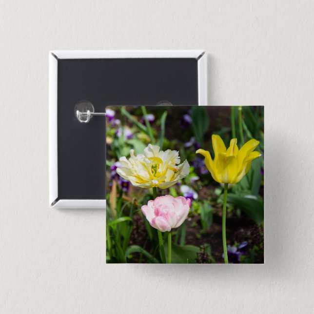 Weiße, rosa und gelbe Tulpen im Garten Button (Vorne & Hinten)