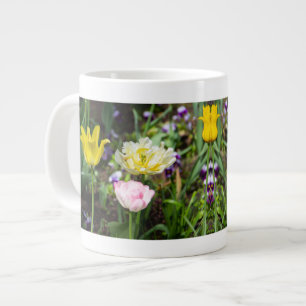Weiße, rosa und gelbe Tulpen im Garten Jumbo-Tasse