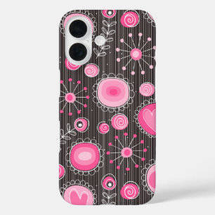 Weiße, rosa und graue Herzen und Blume, blumenreic iPhone 16 Hülle