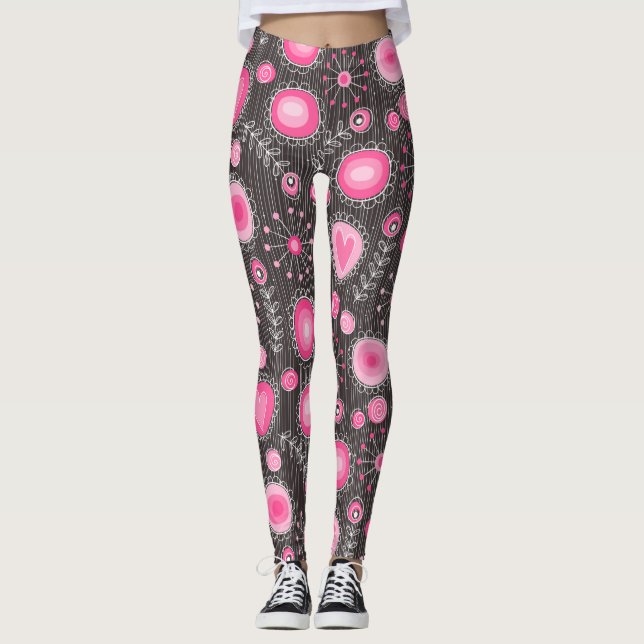 Weiße, rosa und graue Herzen und Blume, blumenreic Leggings (Vorderseite)