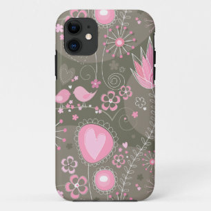 Weiße rosa und graue Herzen, Vögel und Blume Case-Mate iPhone Hülle