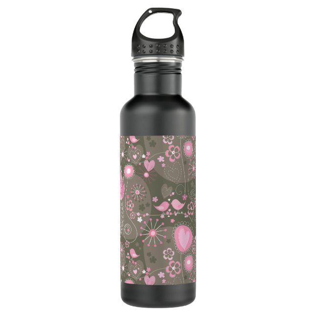 Weiße rosa und graue Herzen, Vögel und Blume Edelstahlflasche (Vorderseite)