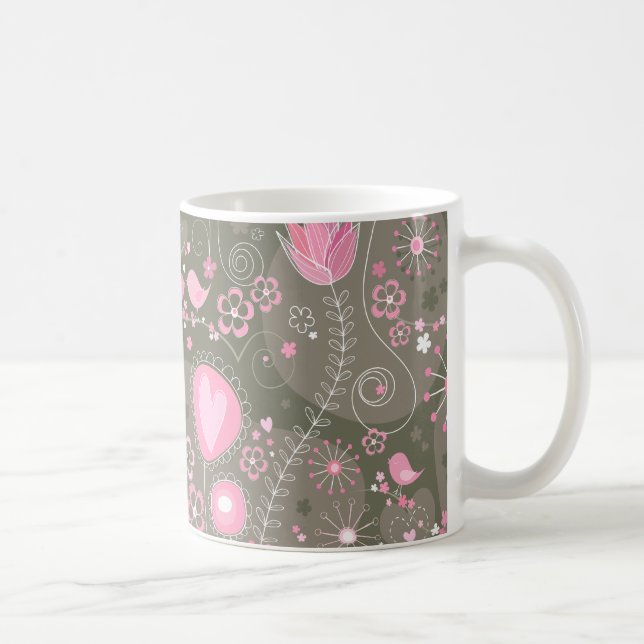Weiße rosa und graue Herzen, Vögel und Blume Tasse (Rechts)