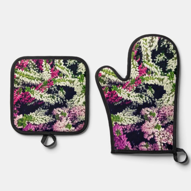 Weiße, rosa und lila Blume Ofenhandschuh & Topflappen-Set (Vorderseite)