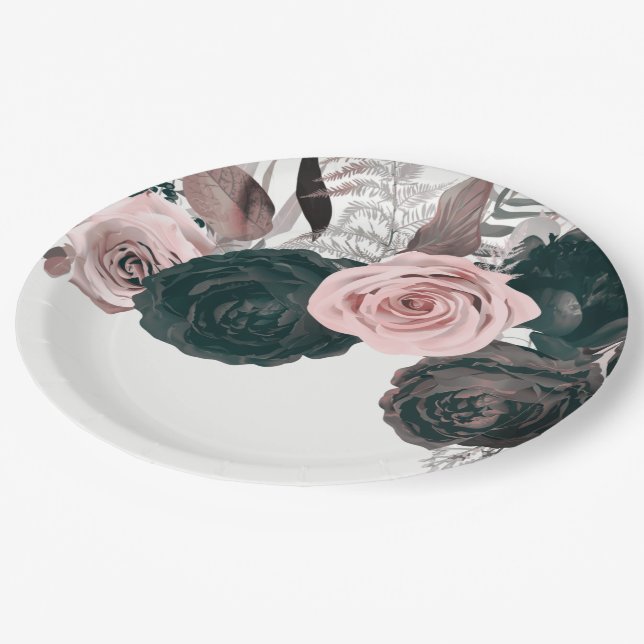 Weiße rosa und schwarze Blumengrün Weiße Hochzeit Pappteller (Schrägansicht)