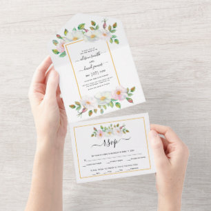 Weiße, rosa Wildhunde Rose Blumengelbe Hochzeit All In One Einladung