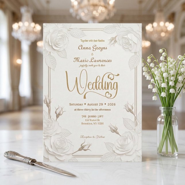 Weiße Rose 3D-Papierschnitteffekt Faux-Gold-Hochze Einladung (Von Creator hochgeladen)