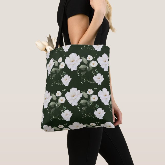 Weiße Rose auf Schwarz-Flora-Geschenktasche (Von Nahem)
