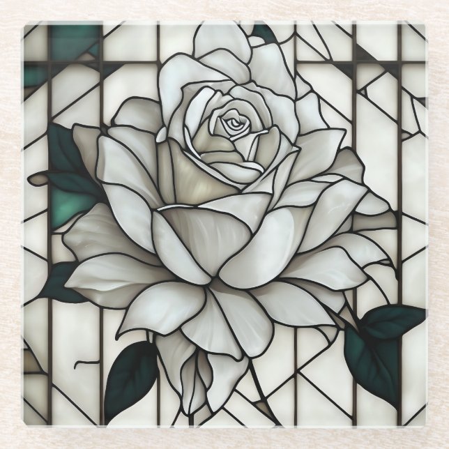 Weiße Rose aus Hartglas Glasuntersetzer (Vorderseite)