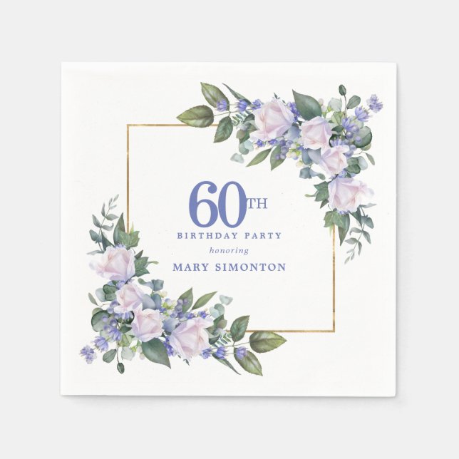 Weiße Rose Blaue Blumen benutzerdefinierte 60. Geb Serviette (Vorderseite)