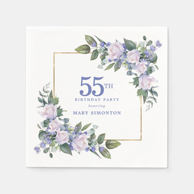 Weiße Rose Blaue Blumen zum 55. Geburtstag Serviette (Vorderseite)