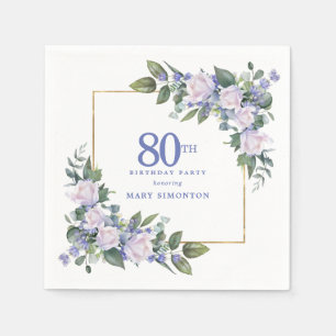 Weiße Rose, blaue Blumen zum 80. Geburtstag Party Serviette