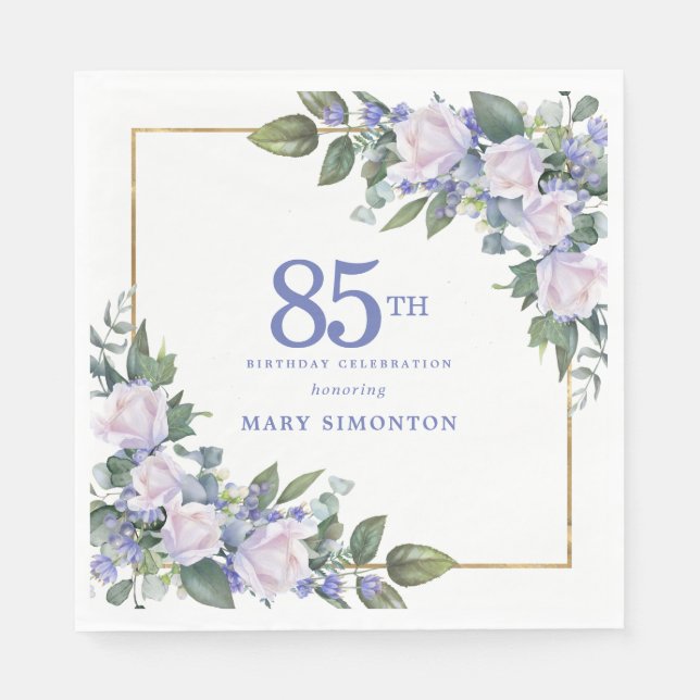 Weiße Rose Blaue Blumen zum 85. Geburtstag Serviette (Vorderseite)