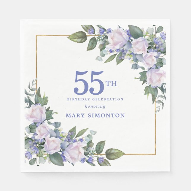 Weiße Rose Blaue Florale Benutzerdefinierte 55. Ge Serviette (Vorderseite)