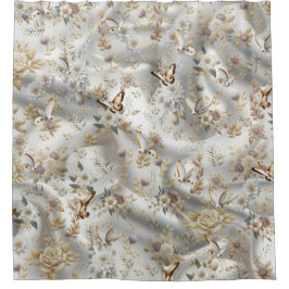 Weiße Rose, Champagnerseide und Schmetterlinge Duschvorhang