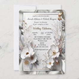 Weiße Rose, Champagnerseide und Schmetterlinge Einladung