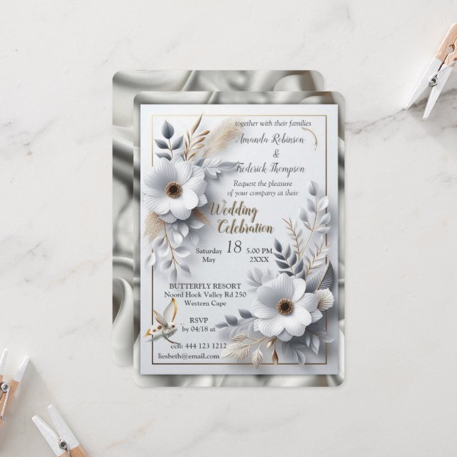 Weiße Rose, Champagnerseide und Schmetterlinge Einladung (Vorderseite/Rückseite Beispiel)