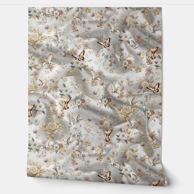 Weiße Rose, Champagnerseide und Schmetterlinge Tapete (Abrollen)
