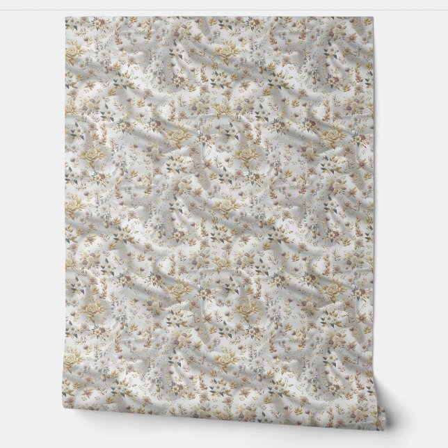 Weiße Rose, Champagnerseide und Schmetterlinge Tapete (Abrollen)