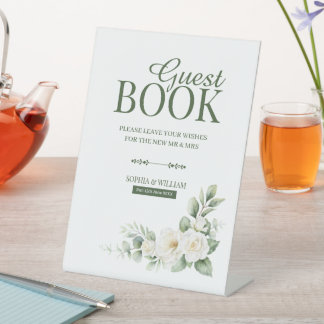 Weiße Rose Greenery Gästebuch Tischschild Sockelschild