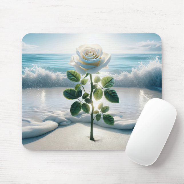Weiße Rose im Sandstrand Mousepad (Mit Mouse)