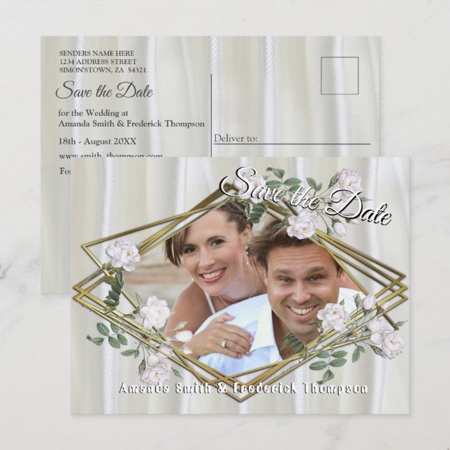 Weiße Rose in Aquarellfarben auf Champagnerseide Ankündigungspostkarte (Vorne/Hinten)