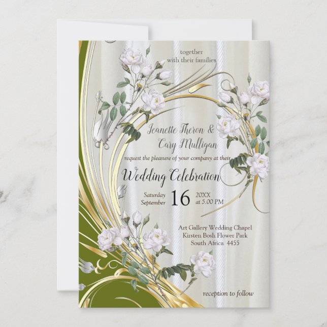 Weiße Rose in Aquarellfarben auf Champagnerseide Einladung (Vorderseite)