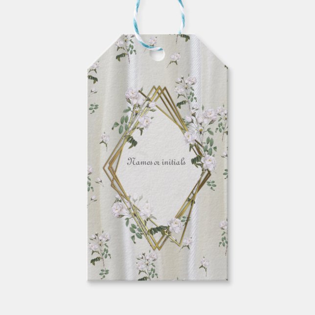 Weiße Rose in Aquarellfarben auf Champagnerseide Geschenkanhänger (Vorderseite)