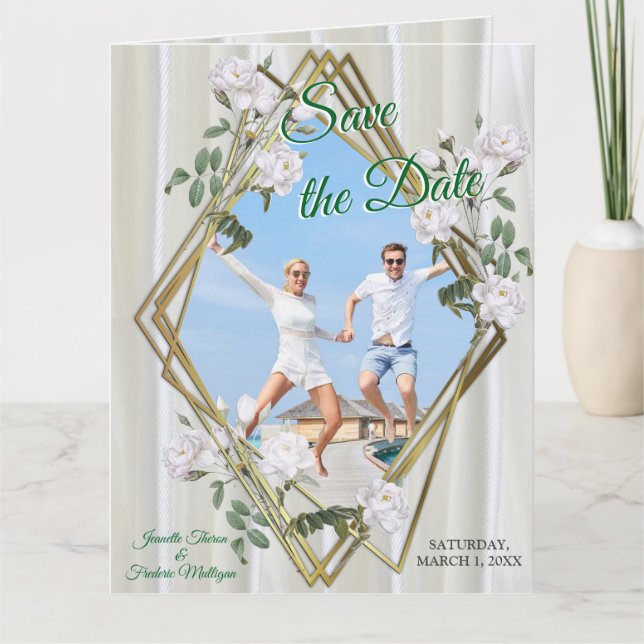 Weiße Rose in Aquarellfarben auf Champagnerseide Karte (Vorderseite)