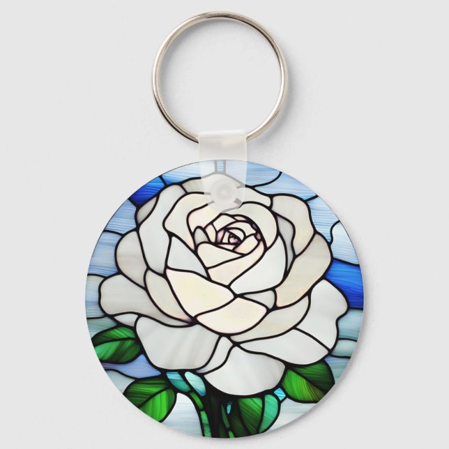 Weiße Rose in Buntglas Schlüsselanhänger (Vorderseite)