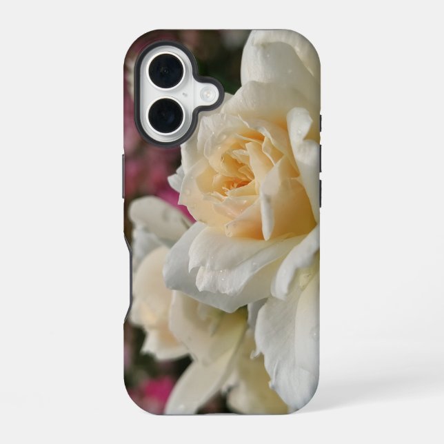 Weiße Rose mit Regentropfen iPhone 16 Hülle (Rückseite)