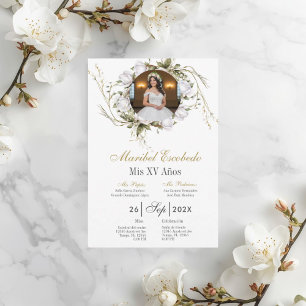 Weiße Rose Quinceañera mit Bild Einladung