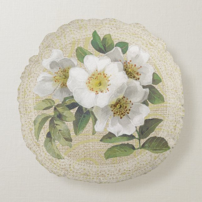 Weiße Rose & Spitzen Vintages Kissen (Vorderseite)