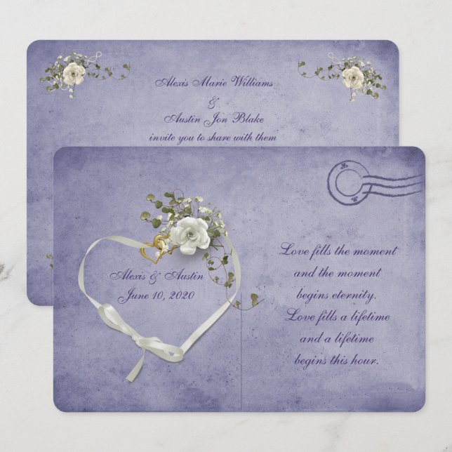weiße Rose und Bandherz lila Postkarte (Vorne/Hinten)