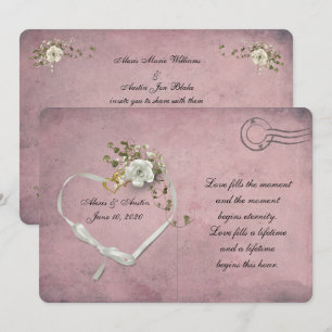 weiße Rose und Bandherz rosa Postkarte