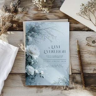 Weiße Rose und eisiger blauer Nebel Winterhochzeit Einladung