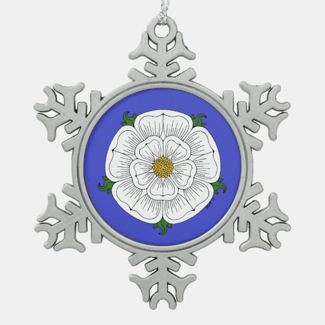 Weiße Rose von York Schneeflocken Zinn-Ornament (Vorderseite)
