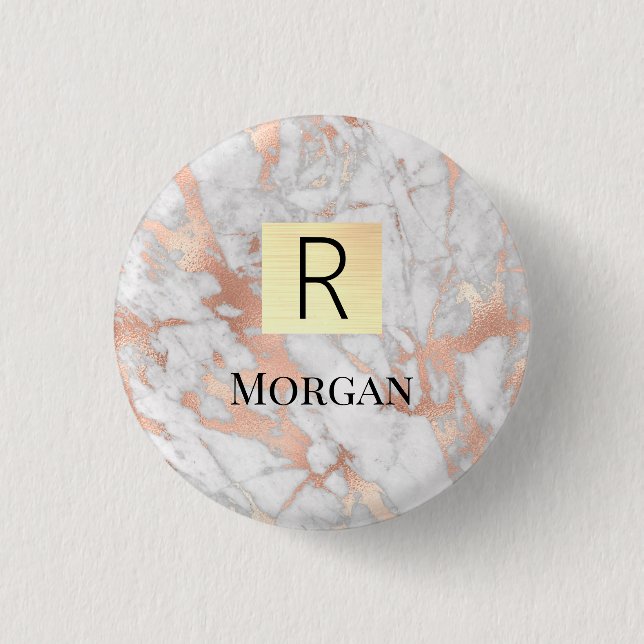 Weiße & Roségold-Marmor-Goldbox, Name & Monogramm Button (Vorderseite)