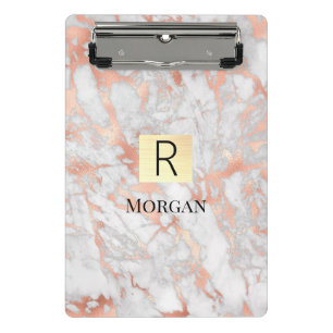 Weiße & Roségold-Marmor-Goldbox, Name & Monogramm Mini Klemmbrett
