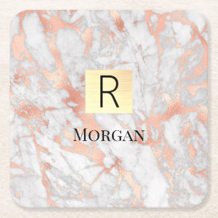 Weiße & Roségold-Marmor-Goldbox, Name & Monogramm Rechteckiger Pappuntersetzer