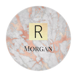 Weiße & Roségold-Marmor-Goldbox, Name & Monogramm Schneidebrett