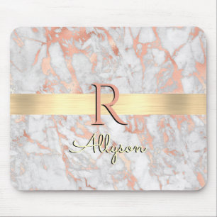 Weiße & Roségoldmarmor, Goldbarren Name & Monogram Mousepad