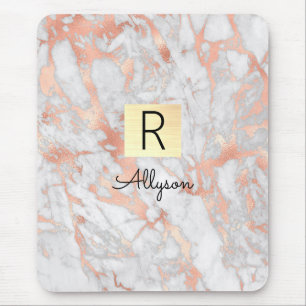 Weiße & Roségoldmarmor-Goldbox, Name & Monogramm Mousepad