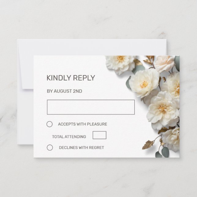 Weiße Rosen 3D Blumen RSVP Karte (Vorderseite)