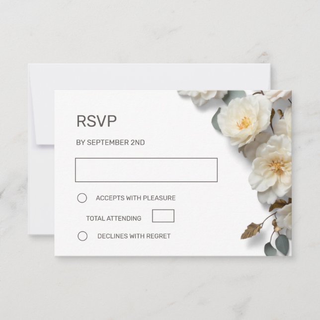 Weiße Rosen 3D Blumen RSVP Karte (Vorderseite)