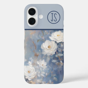 Weiße Rosen auf blauem Hintergrund Mit Monogramm iPhone 16 Hülle