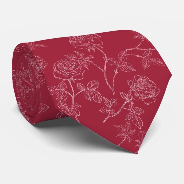 Weiße Rosen auf Burgunderrot Krawatte (Gerollt)
