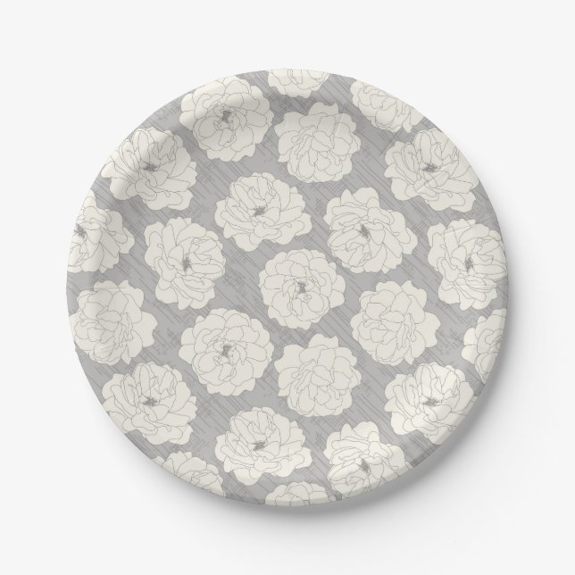 Weiße Rosen auf Light Gray - nahtloses Muster. Pappteller (Vorderseite)